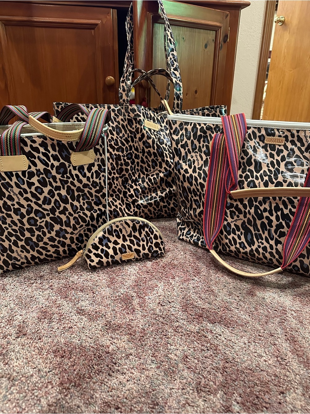 Leopard Print Tote Bag with Colorful Straps - Beige/Black